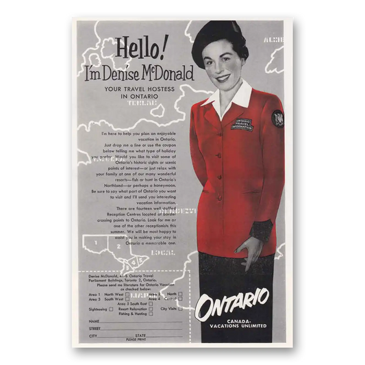 1954 Ontario Canada Denise McDonald Travel Hostess Vintage Magazine Print Ad