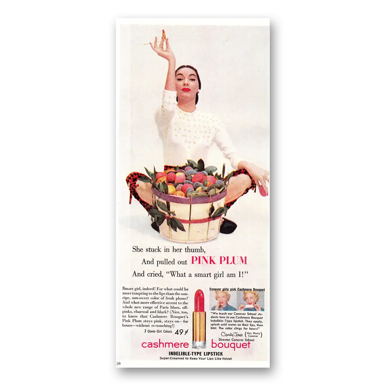 1954 Cashmere Bouquet Lipstick She Stuck In Her Thumb and Pulled Out Pink Plum Vintage Magazine Print Ad