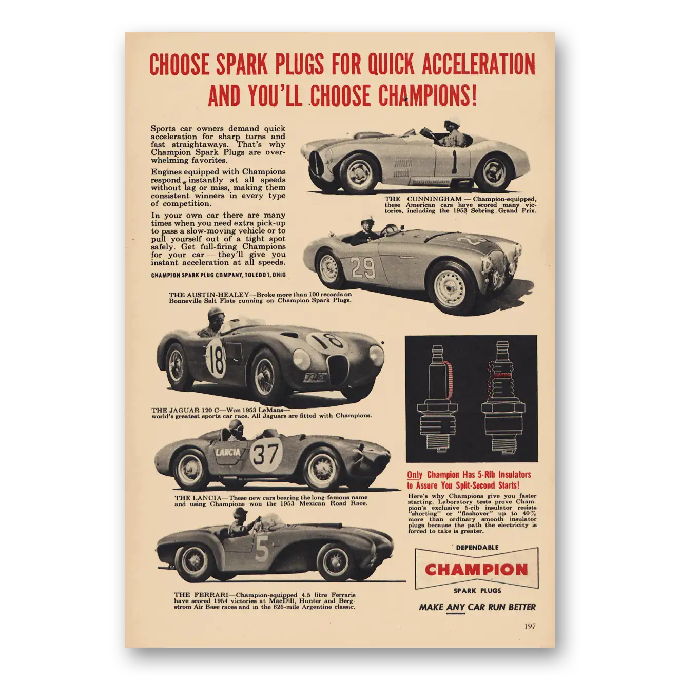 1954 Champion Spark Plugs Quick Acceleration Vintage Magazine Print Ad