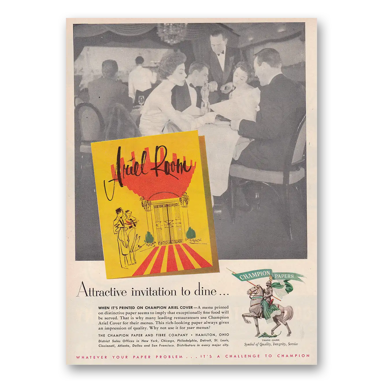 1954 Champion Papers Attractive Invitation to Dine Ariel Room Vintage Magazine Print Ad