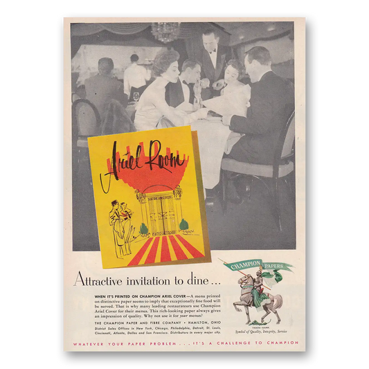 1954 Champion Papers Attractive Invitation to Dine Ariel Room Vintage Magazine Print Ad