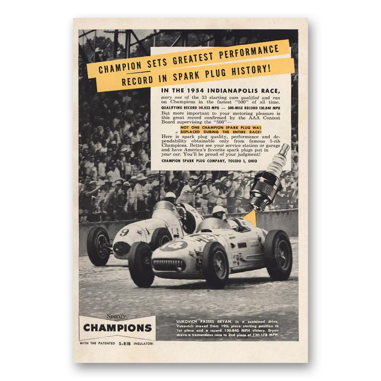 1954 Champion Spark Plugs 1954 Indianapolis Race Vintage Magazine Print Ad