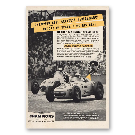 1954 Champion Spark Plugs 1954 Indianapolis Race Vintage Magazine Print Ad