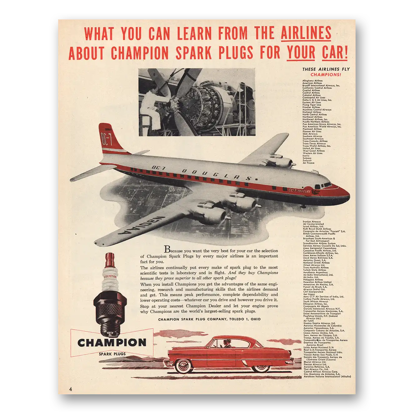 1954 Champion Spark Plugs Learn From the Airplanes Vintage Magazine Print Ad