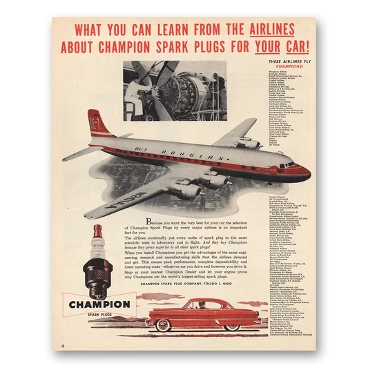 1954 Champion Spark Plugs Learn From the Airplanes Vintage Magazine Print Ad