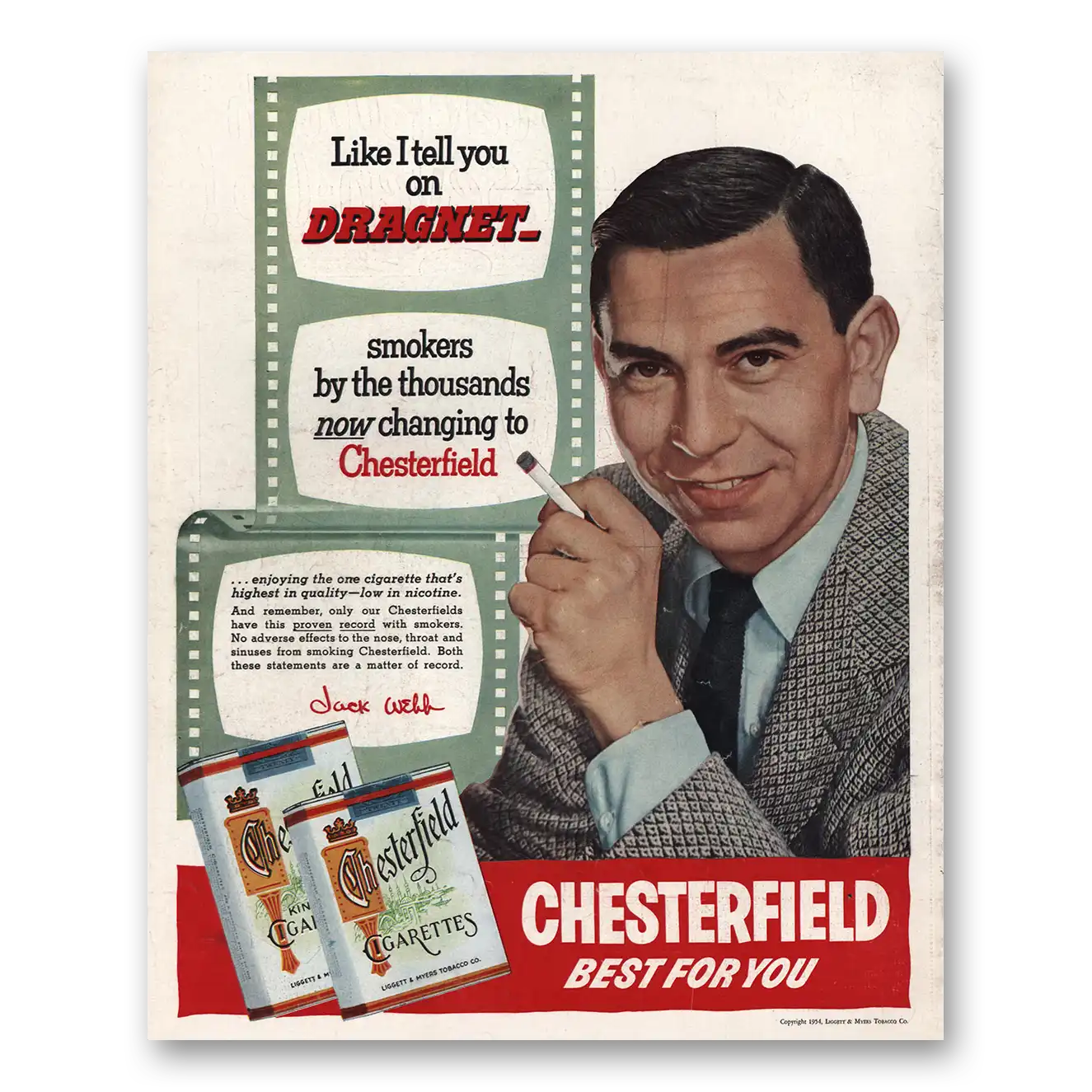 1954 Chesterfield Cigarettes Jack Webb Vintage Magazine Print Ad