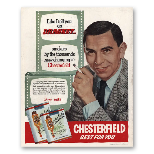 1954 Chesterfield Cigarettes Jack Webb Vintage Magazine Print Ad