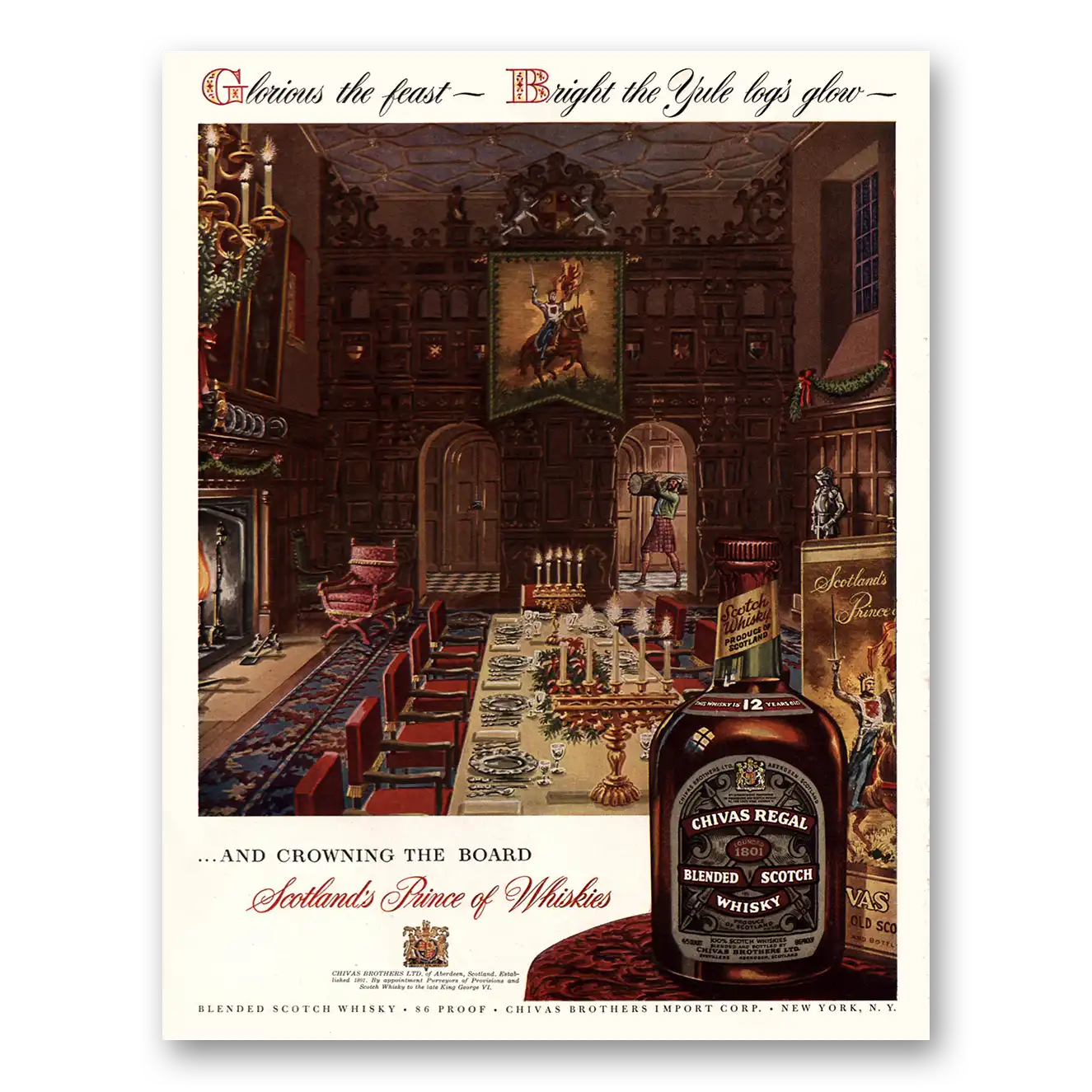 1954 Chivas Regal Glorious the Feast Yule Logs Glow Vintage Magazine Print Ad