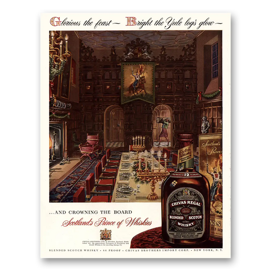 1954 Chivas Regal Glorious the Feast Yule Logs Glow Vintage Magazine Print Ad