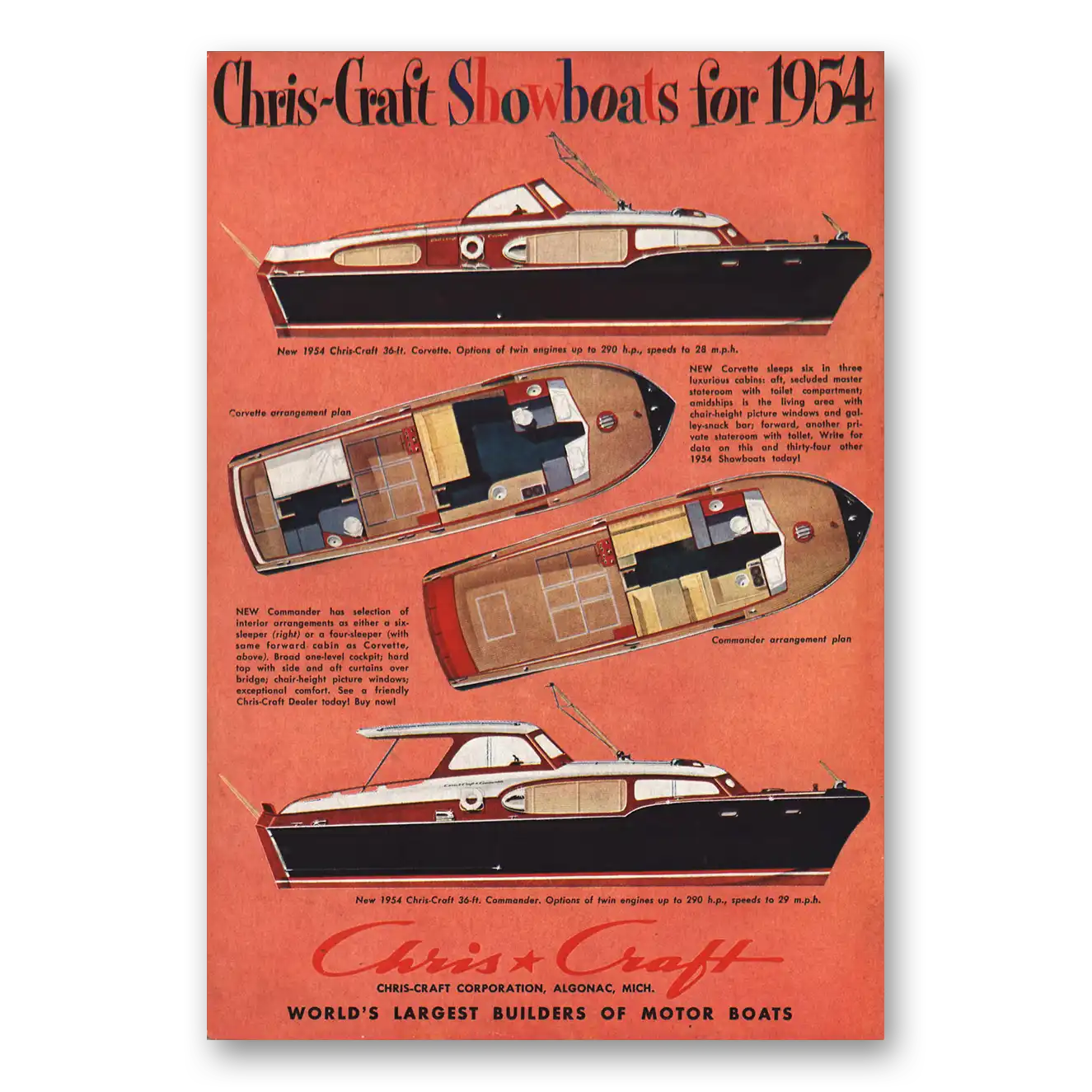 1954 Chris Craft Showboats for Corvette Commander Vintage Magazine Print Ad