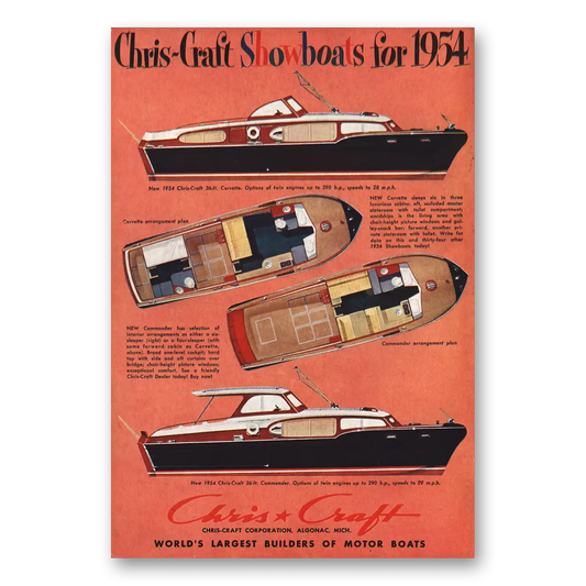 1954 Chris Craft Showboats for Corvette Commander Vintage Magazine Print Ad