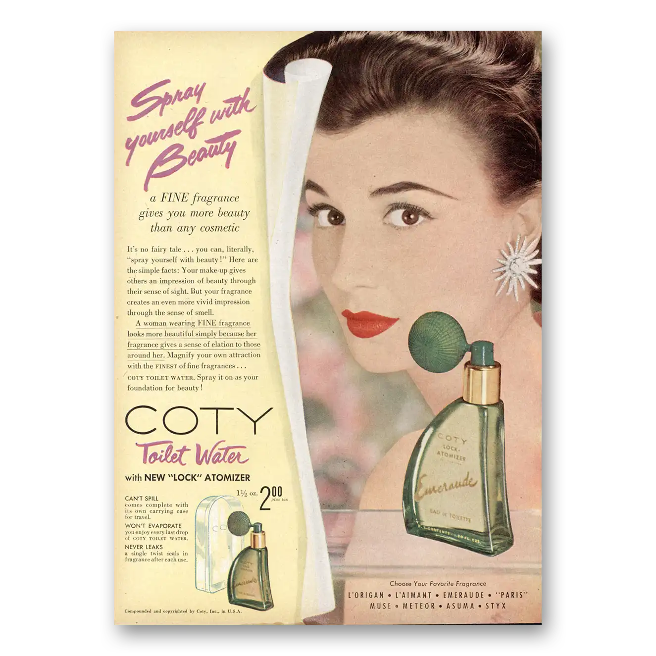 1954 Coty Perfume Toilet Water Spray Yourself with Beauty Vintage Magazine Print Ad