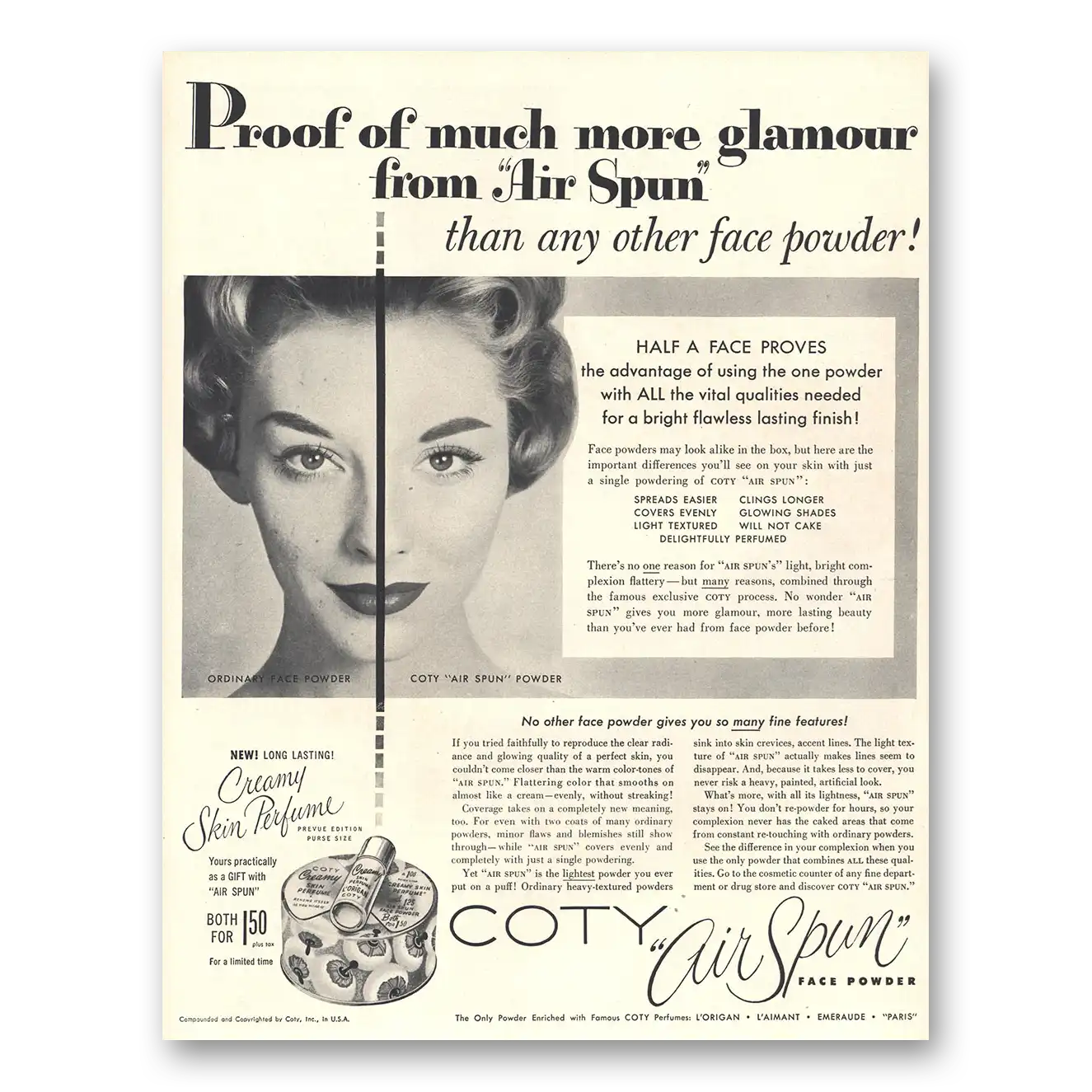 1954 Coty Cosmetics Air Spun Face Powder Proof of Much More Glamour Vintage Magazine Print Ad