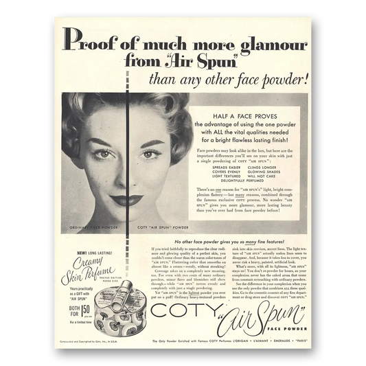 1954 Coty Cosmetics Air Spun Face Powder Proof of Much More Glamour Vintage Magazine Print Ad