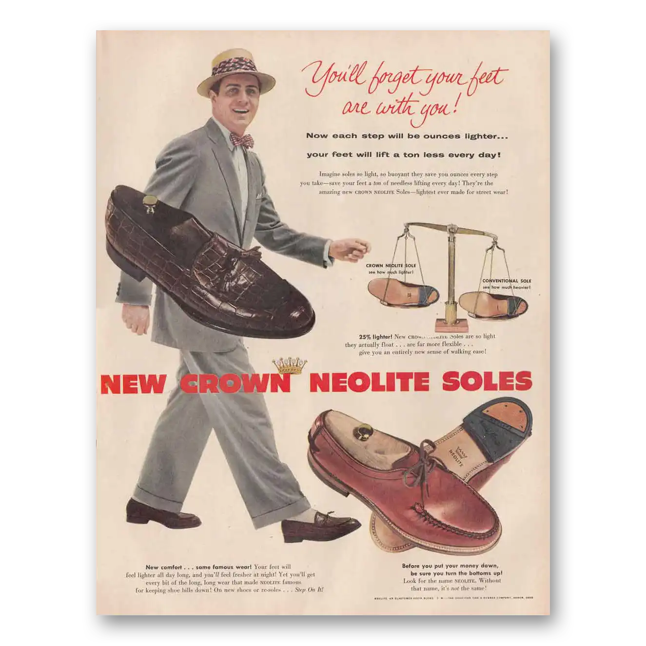 1954 Crown Neolite Soles Forget Your Feet Are Vintage Magazine Print Ad