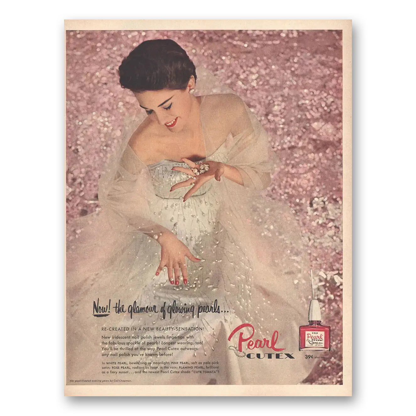 1954 Cutex Nail Polish Glamour of Glowing Pearls Vintage Magazine Print Ad