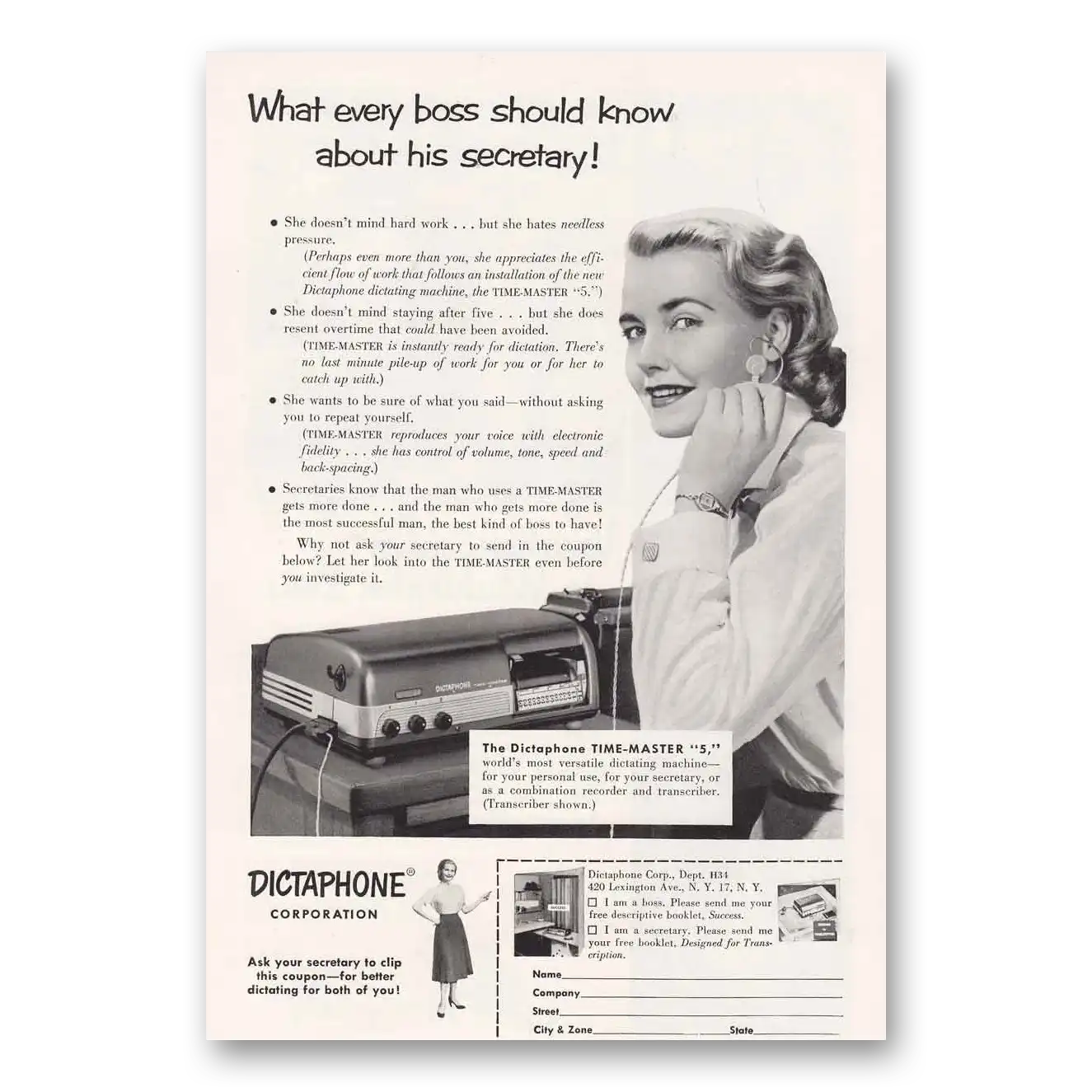 1954 Dictaphone What Every Boss Should Know Secretary Vintage Magazine Print Ad