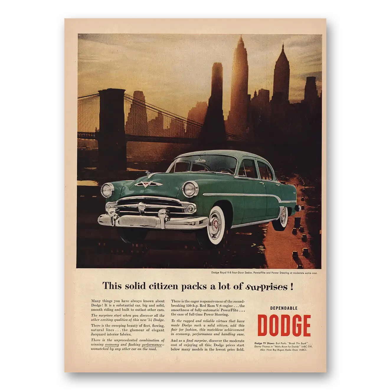 1954 Dodge Royal Sedan Solid Citizen Packs a Lot of Surprises Vintage Magazine Print Ad