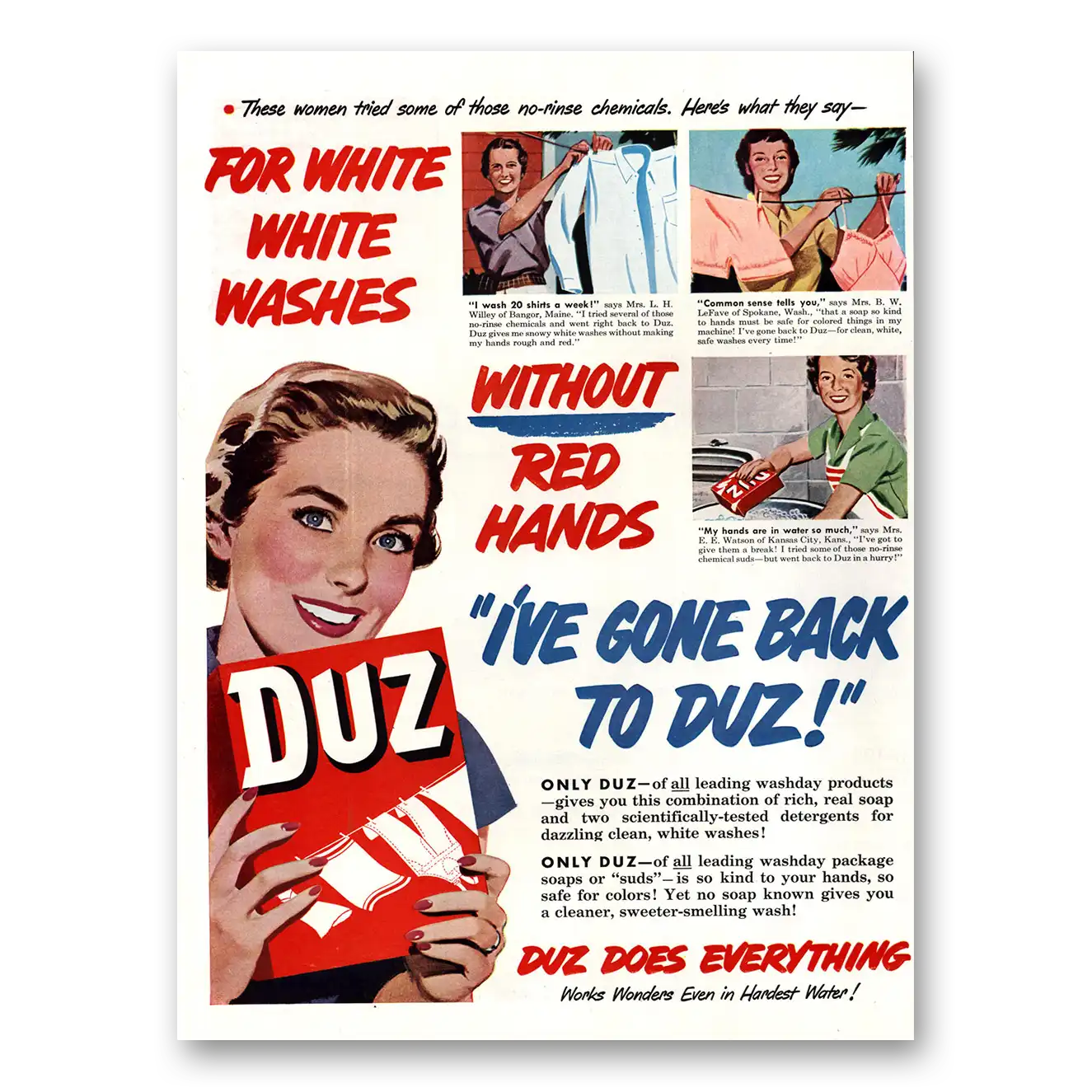 1954 Duz Detergent White Washes Without Red Hands Vintage Magazine Print Ad