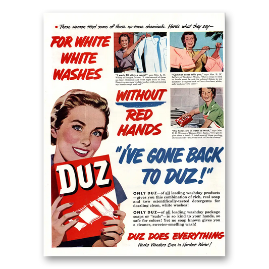 1954 Duz Detergent White Washes Without Red Hands Vintage Magazine Print Ad