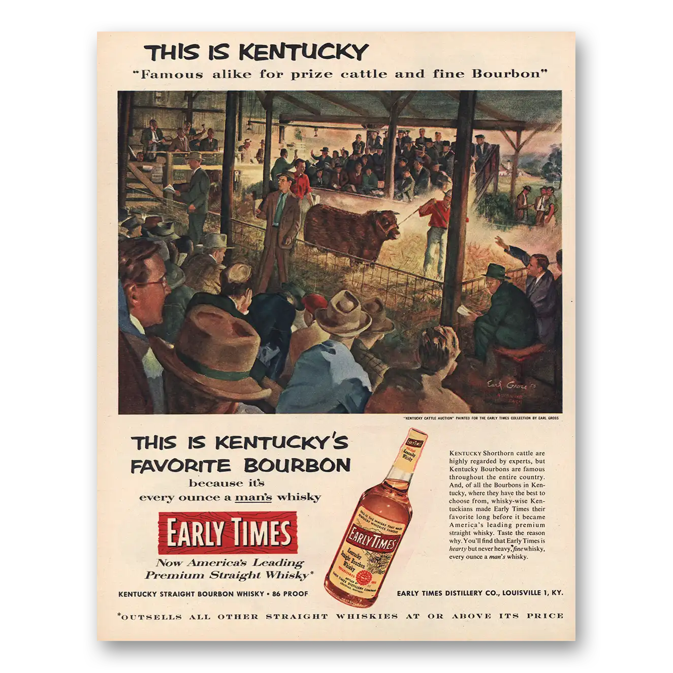 1954 Early Times Whisky Kentucky Cattle Auction Vintage Magazine Print Ad