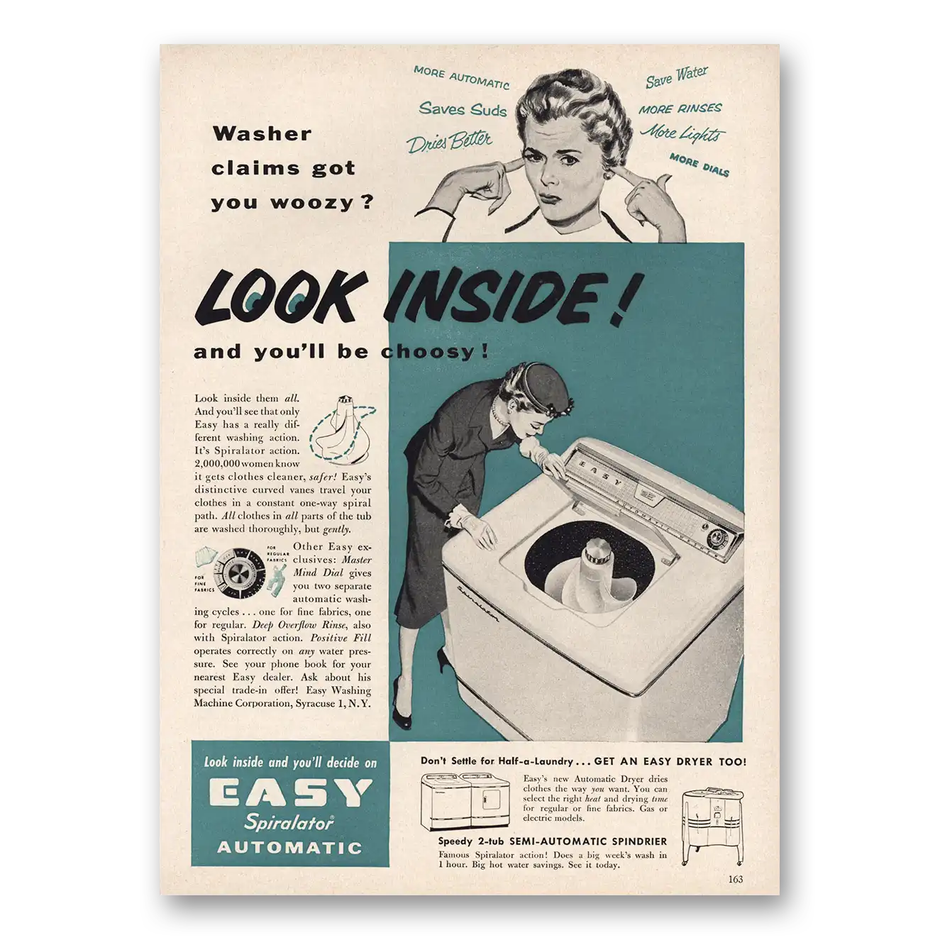 1954 Easy Washing Machine Spiralator Washer Claims Got You Woozy Vintage Magazine Print Ad