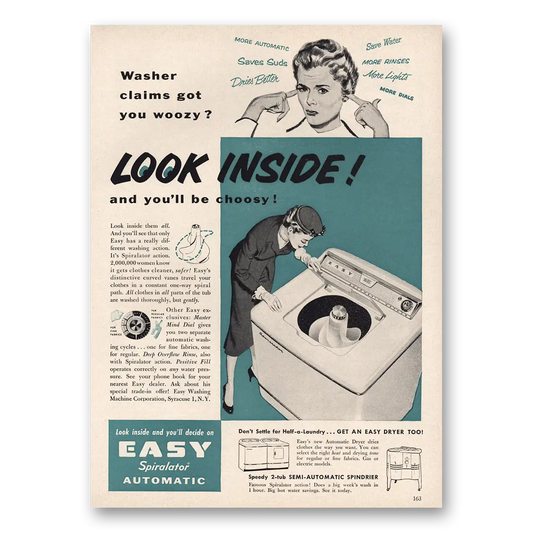 1954 Easy Washing Machine Spiralator Washer Claims Got You Woozy Vintage Magazine Print Ad