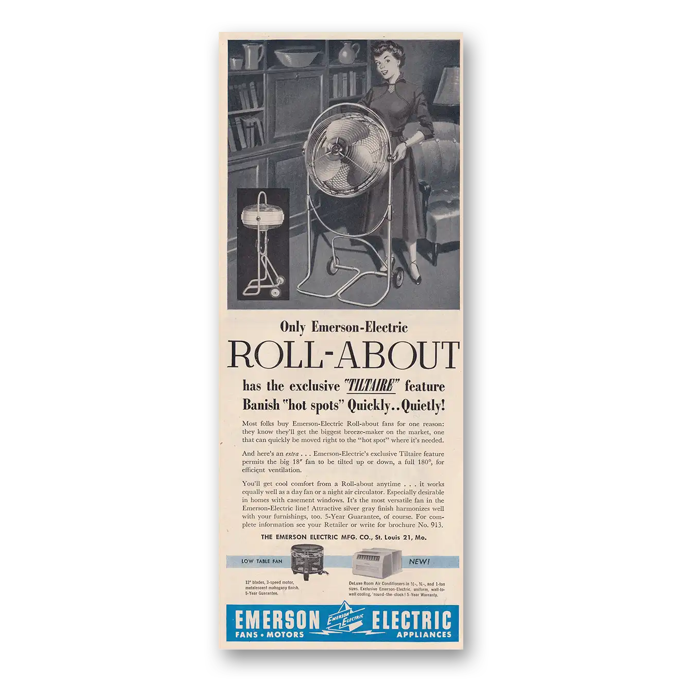 1954 Roll About Fan Tiltaire Banish Hot Spots Quickly Quietly Vintage Magazine Print Ad