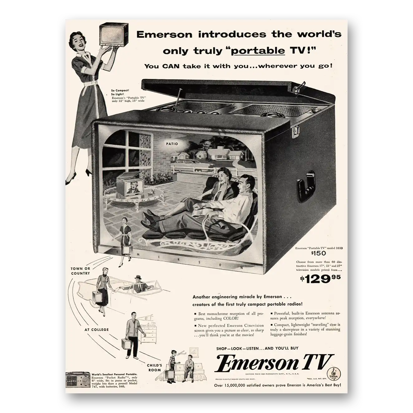 1954 Emerson Television Only Truly Portable TV Vintage Magazine Print Ad