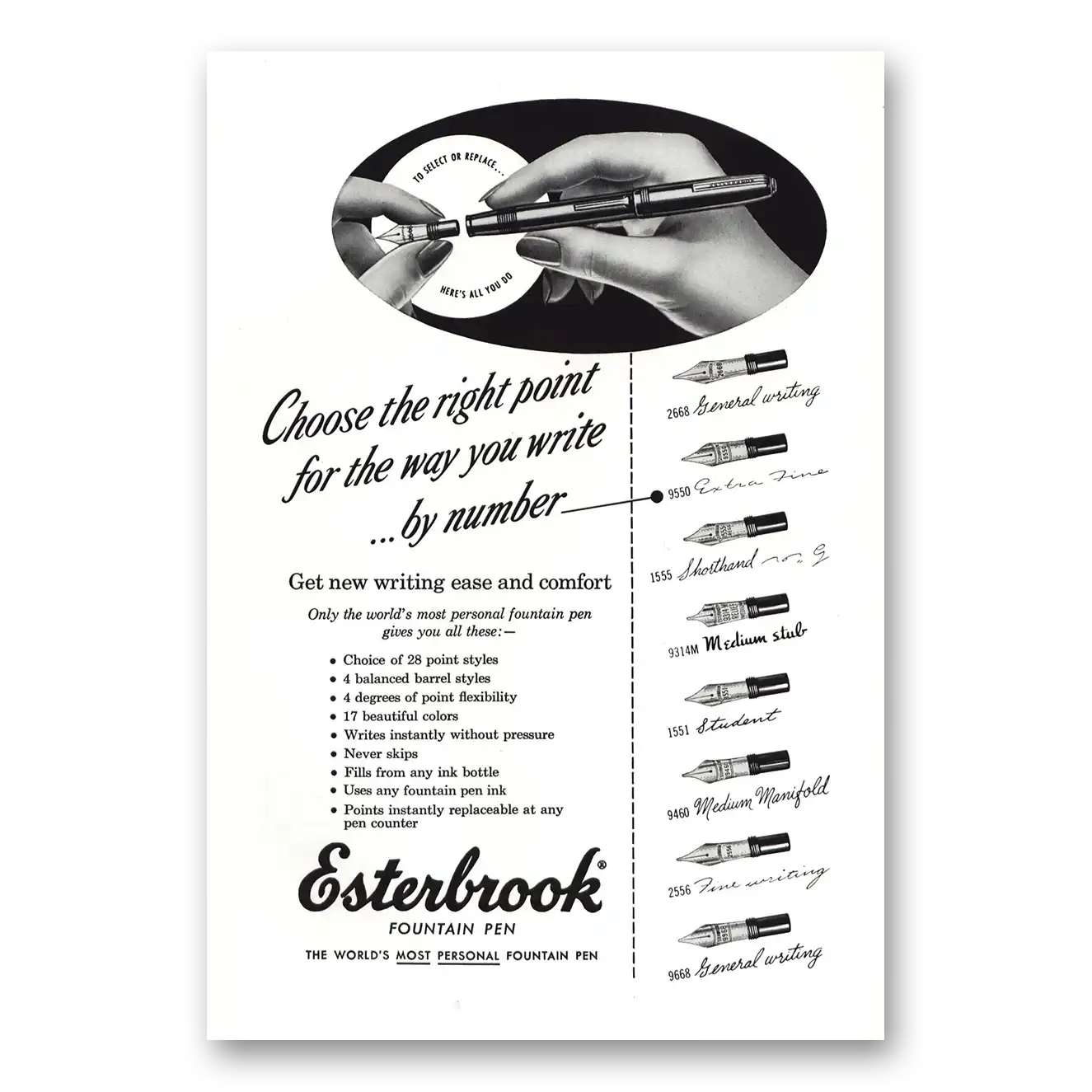 1954 Esterbrook Fountain Pen Right Point By Number Vintage Magazine Print Ad