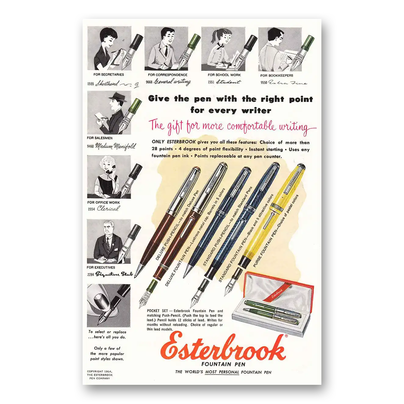 1954 Esterbrook Fountain Pen Right Point for Every Writer Vintage Magazine Print Ad