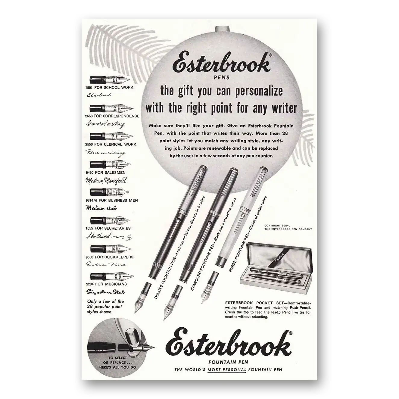 1954 Esterbrook Fountain Pen Pens Ornament Vintage Magazine Print Ad