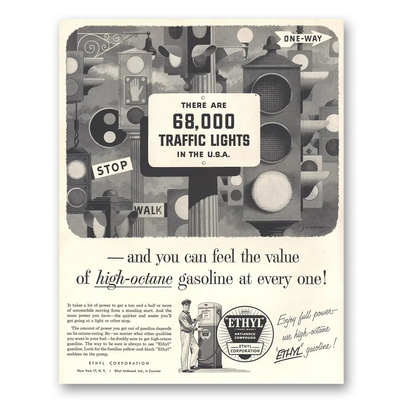 1954 Ethyl Gasoline Traffic Lights In the USA Vintage Magazine Print Ad