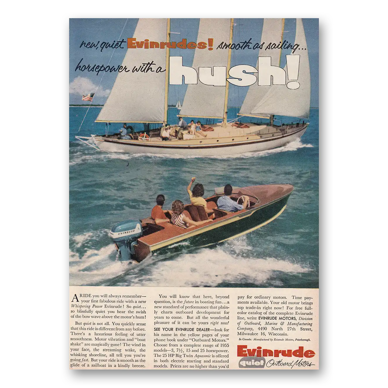 1954 Evinrude Horsepower With a Hush Vintage Magazine Print Ad