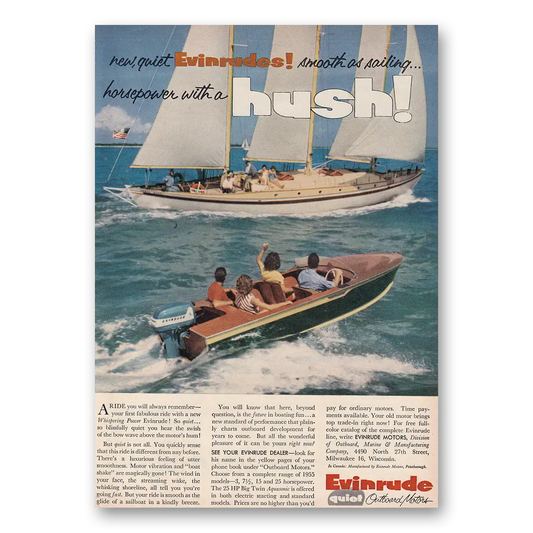 1954 Evinrude Horsepower With a Hush Vintage Magazine Print Ad