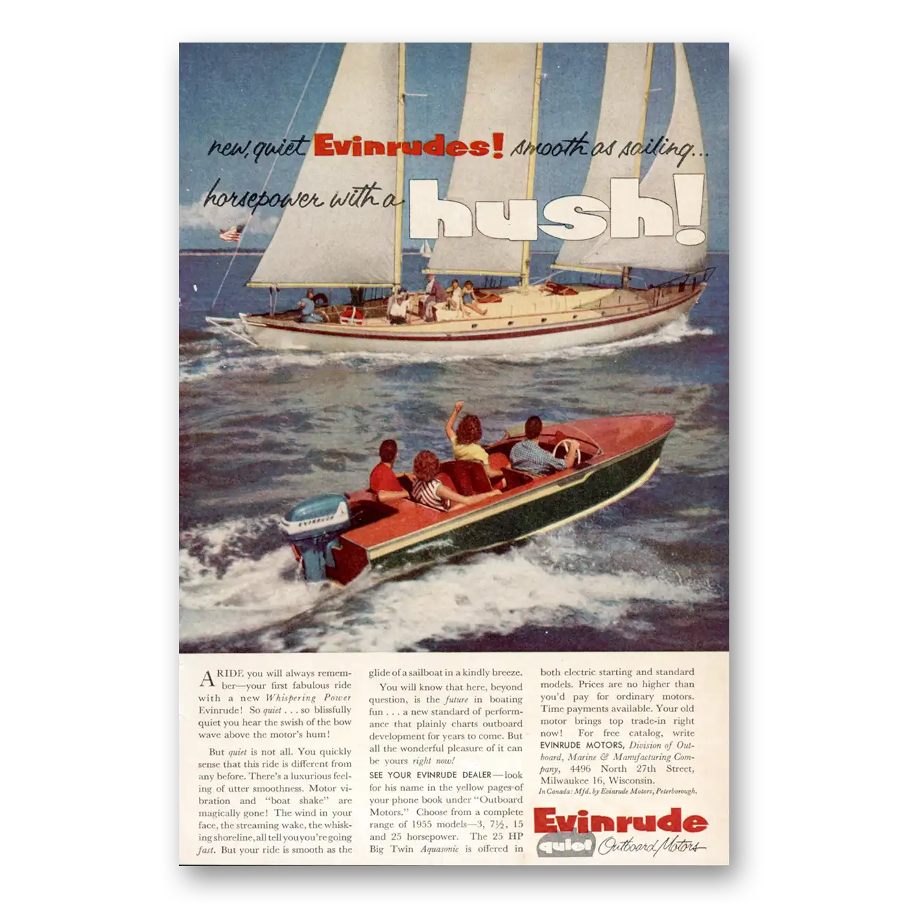 1954 Evinrude Smooth as Sailing Hush Vintage Magazine Print Ad