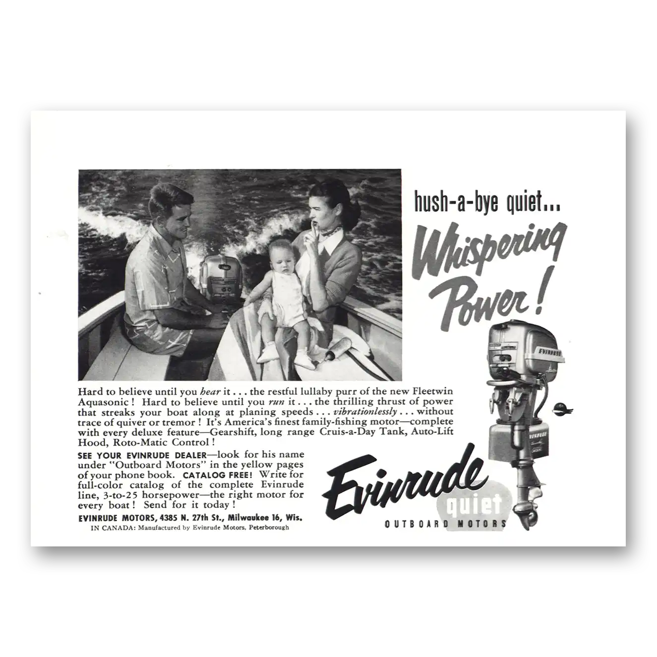 1954 Evinrude Motors Hush A Bye Quiet Whispering Power Vintage Magazine Print Ad