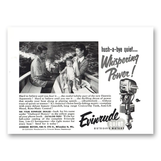 1954 Evinrude Motors Hush A Bye Quiet Whispering Power Vintage Magazine Print Ad