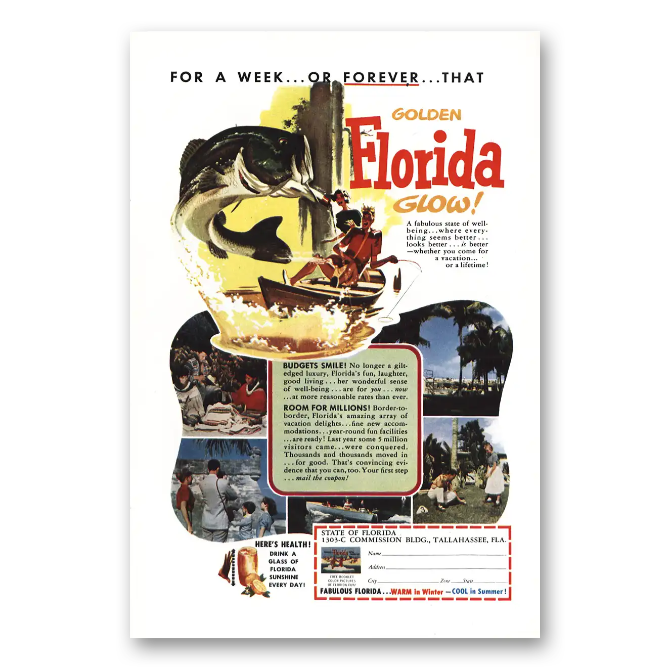 1954 Florida Golden Florida Glow Vintage Magazine Print Ad