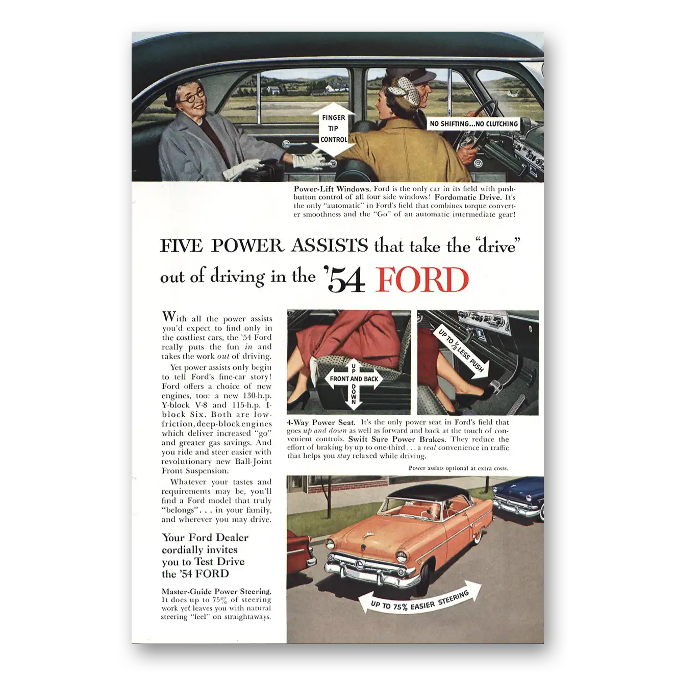 1954 Ford Five Power Assists Power Lift Windows Vintage Magazine Print Ad