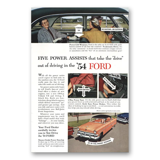 1954 Ford Five Power Assists Power Lift Windows Vintage Magazine Print Ad