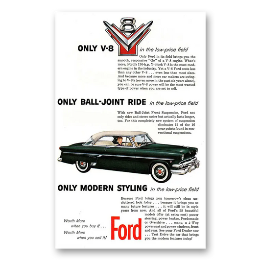 1954 Ford Ball Joint Ride V8 Modern Styling Vintage Magazine Print Ad