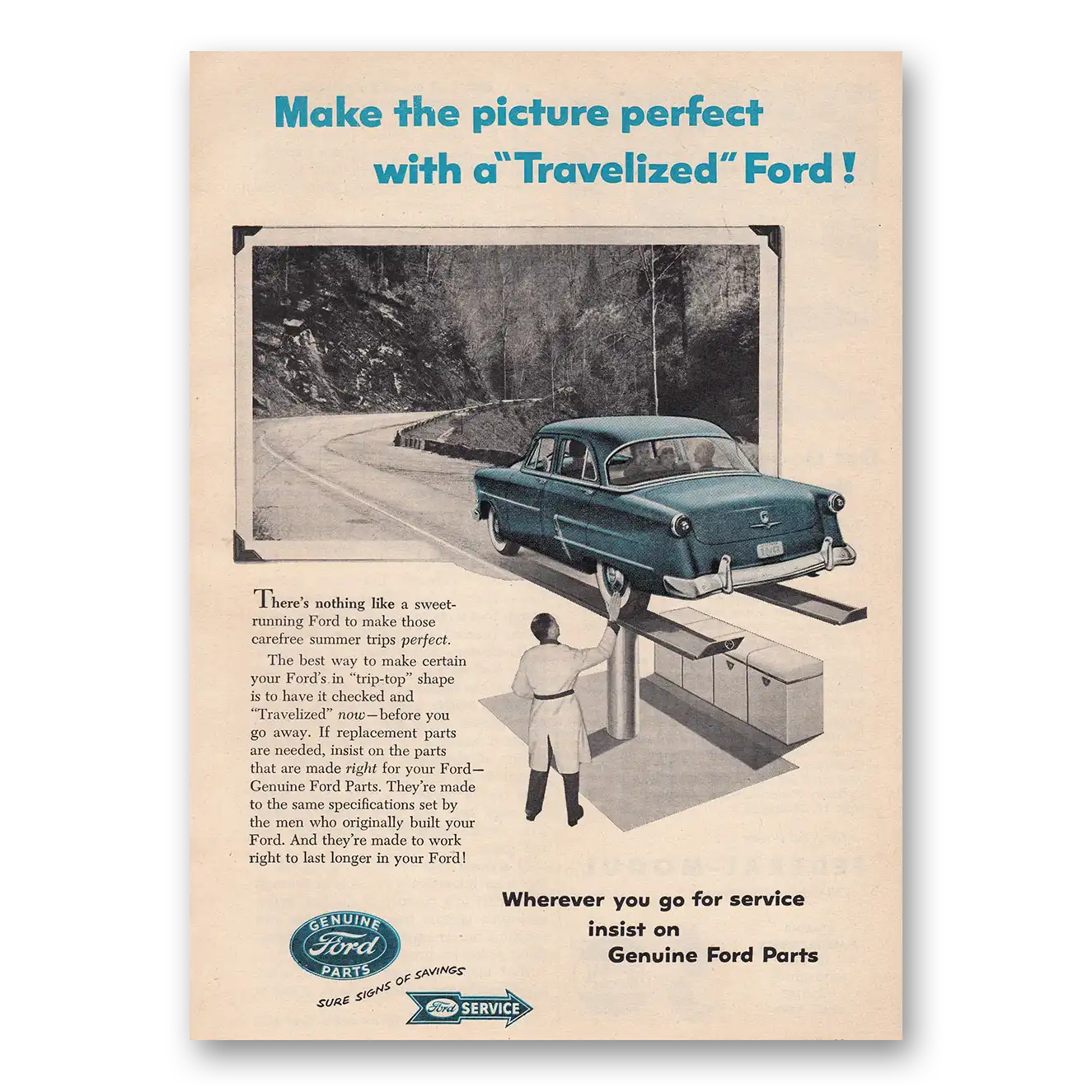 1954 Ford Parts and Service Make the Picture Perfect Travelized Vintage Magazine Print Ad