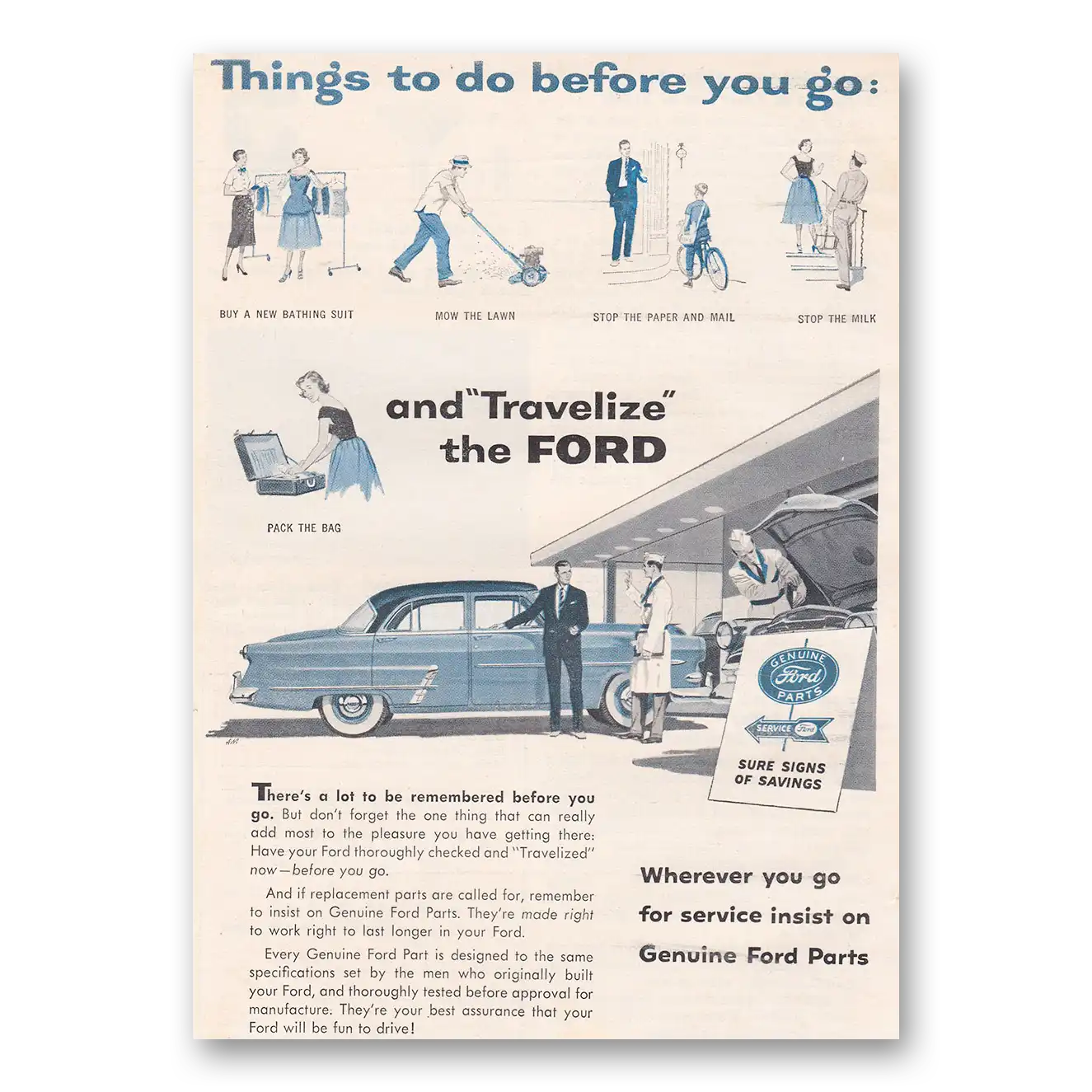 1954 Ford Parts and Service Things To Do Before You Go Vintage Magazine Print Ad