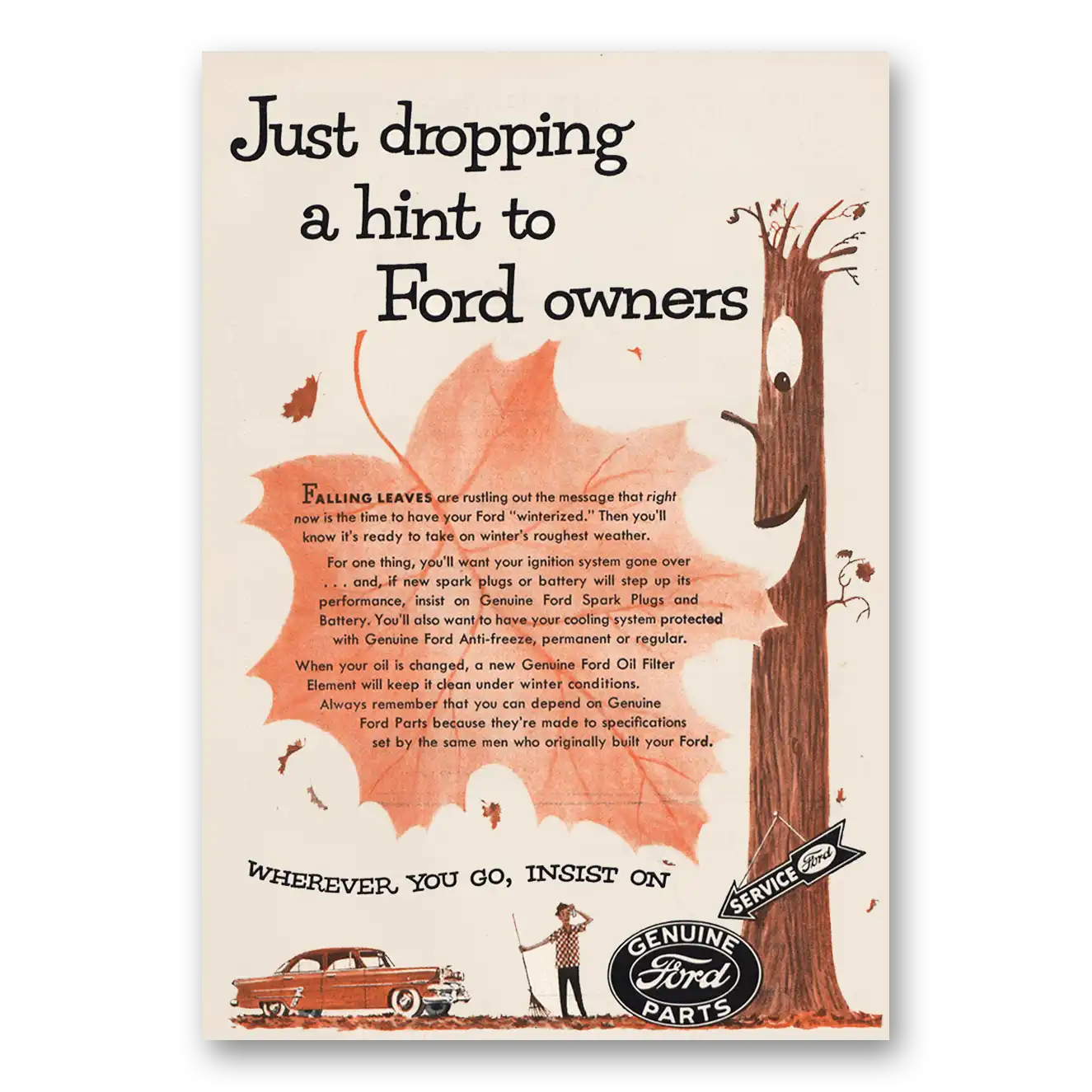 1954 Ford Parts and Service Just Dropping Hint to Ford Owners Vintage Magazine Print Ad