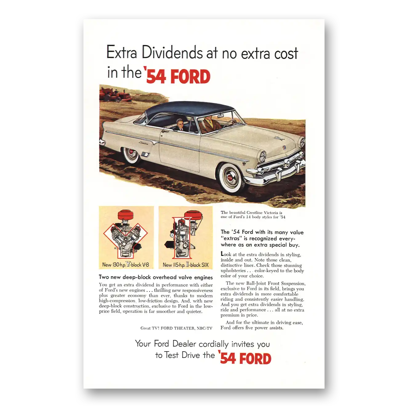 1954 Ford Victoria Extra Dividends Vintage Magazine Print Ad