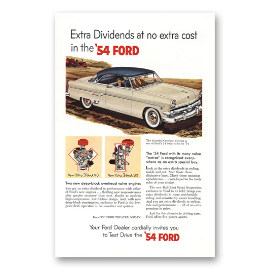 1954 Ford Victoria Extra Dividends Vintage Magazine Print Ad