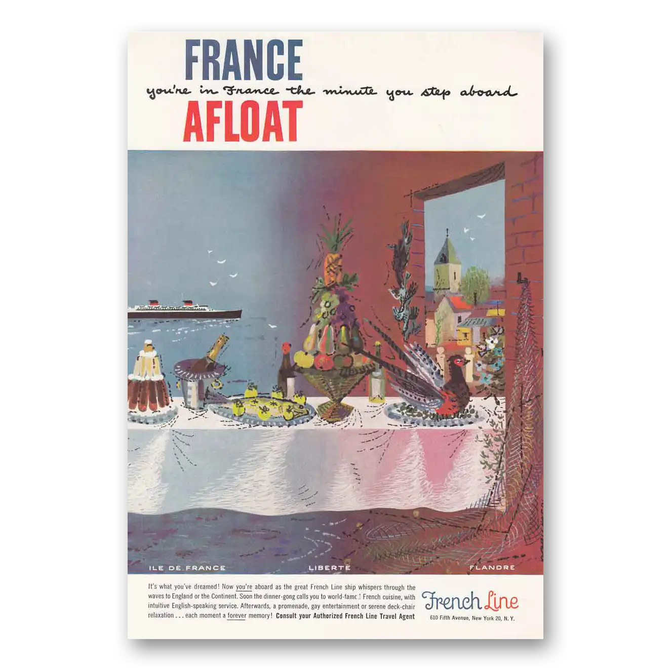 1954 French Line Dinner Table Vintage Magazine Print Ad