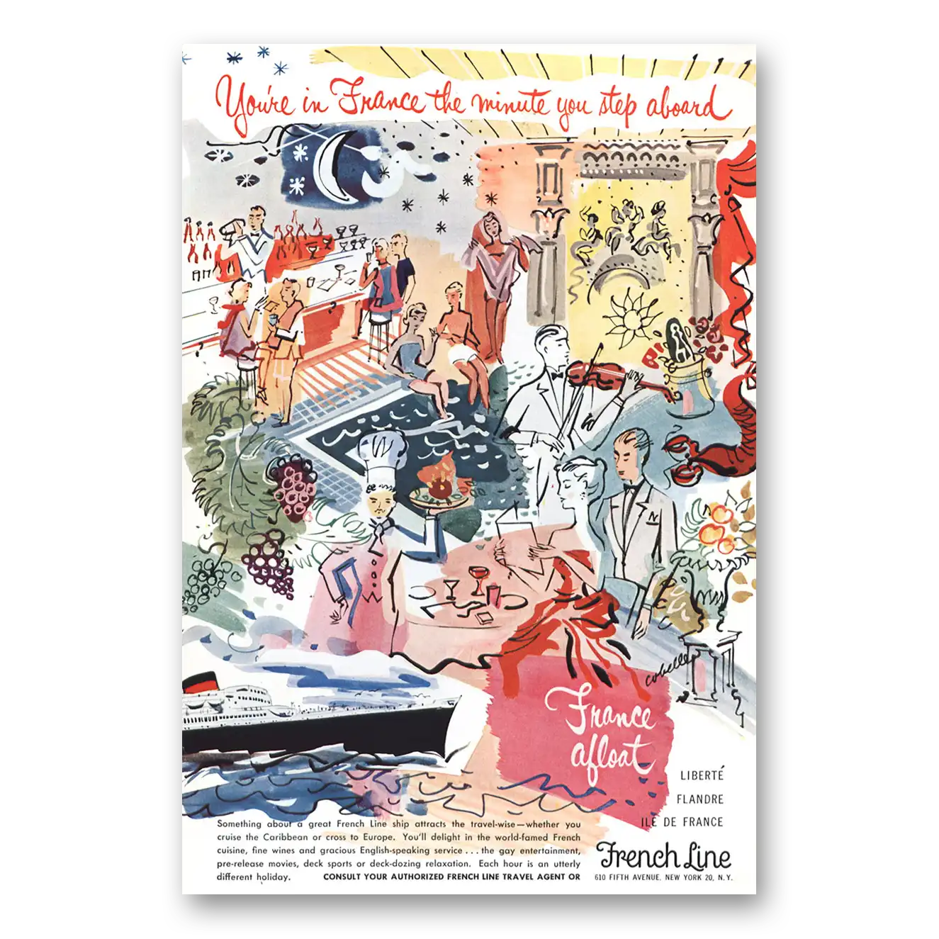 1954 French Line The Minute You Step Aboard Vintage Magazine Print Ad