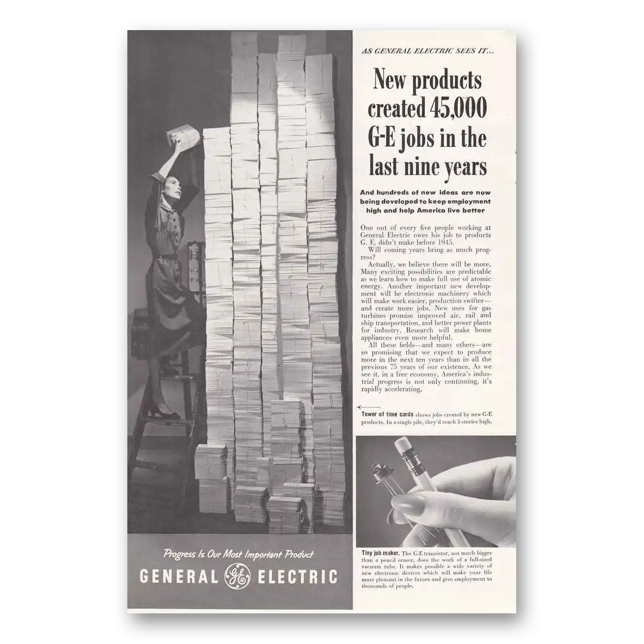 1954 General Electric New Products Created 45000 Jobs Vintage Magazine Print Ad